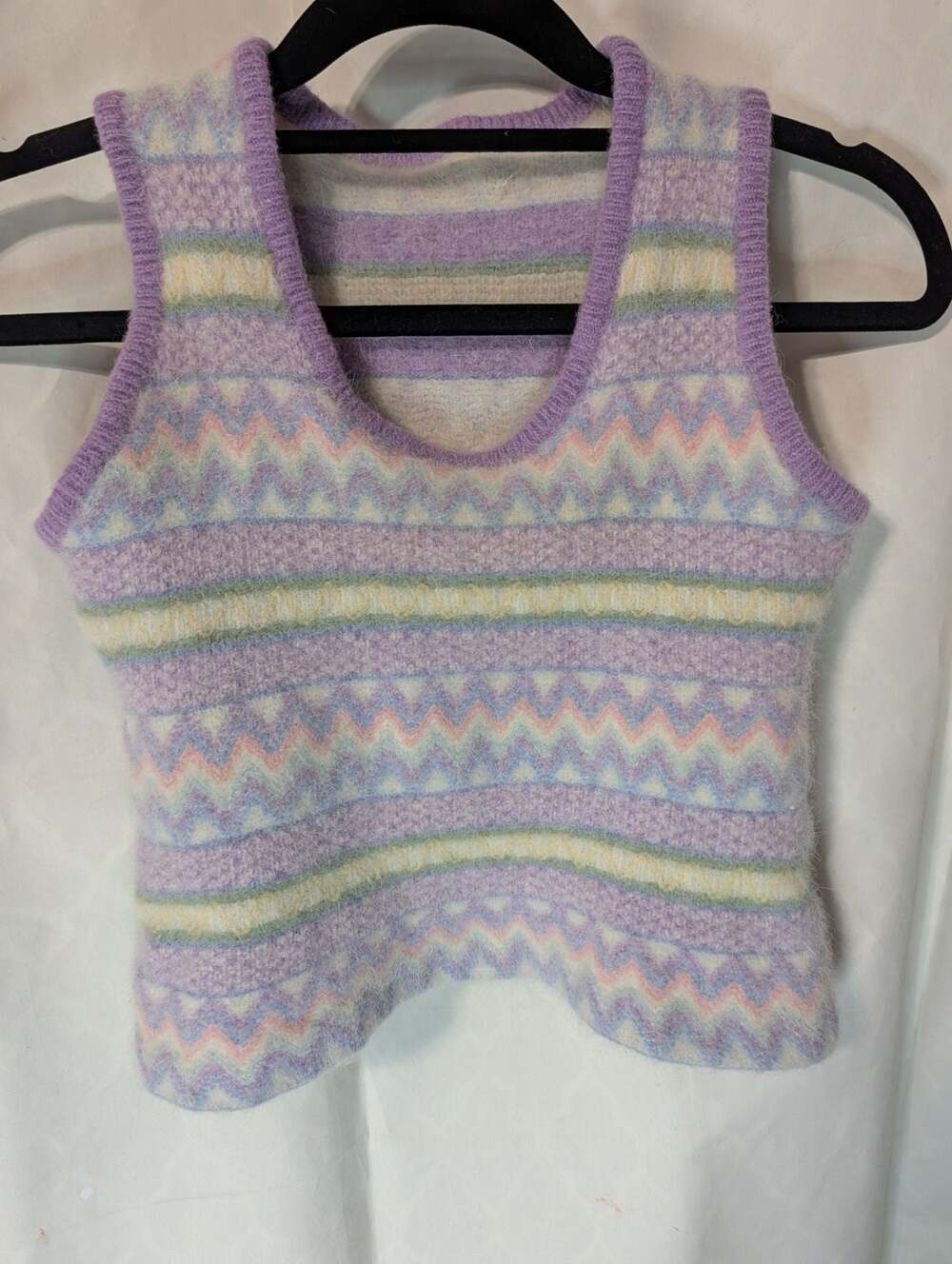 Vintage 90's Pastel Knit Sweater Vest, Ivory With Purple, Green, Yellow, Pink, V